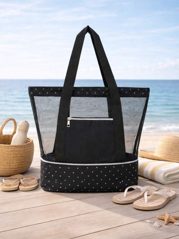 Black Mesh Tote Bag With Zipper Pocket, Polka Dot Base Design, Large Capacity Beach Bag For Women, Lightweight See Through Shoulder Bag For Travel, Shopping, Pool, Gym, Daily Use, Durable Handles, Multi Compartment Storage Organizer