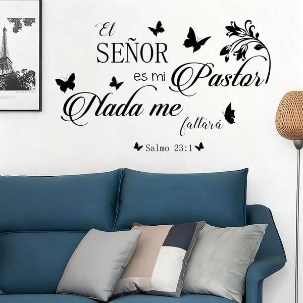 1pc Spanish Verse Wall Decal, Psalm 23:1 With Butterflies And Floral Removable Wall Sticker, Religious Decor For Living Room, Bedroom And Church