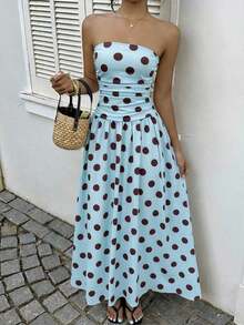 Vestido bandeau con cintura ceñida y estampado de lunares, estilo vacacional - Multicolor 16 - Ver 5