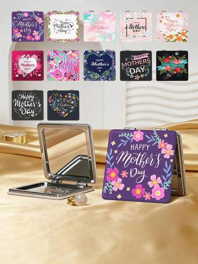 1pc Y2K Vanity Mirror For Mother's Day, Foldable Lightweight Compact Handheld Mirror, PU Leather, Versatile, Cartoon Floral & Letter Print Design, 180° Flip, Portable Makeup Mirror