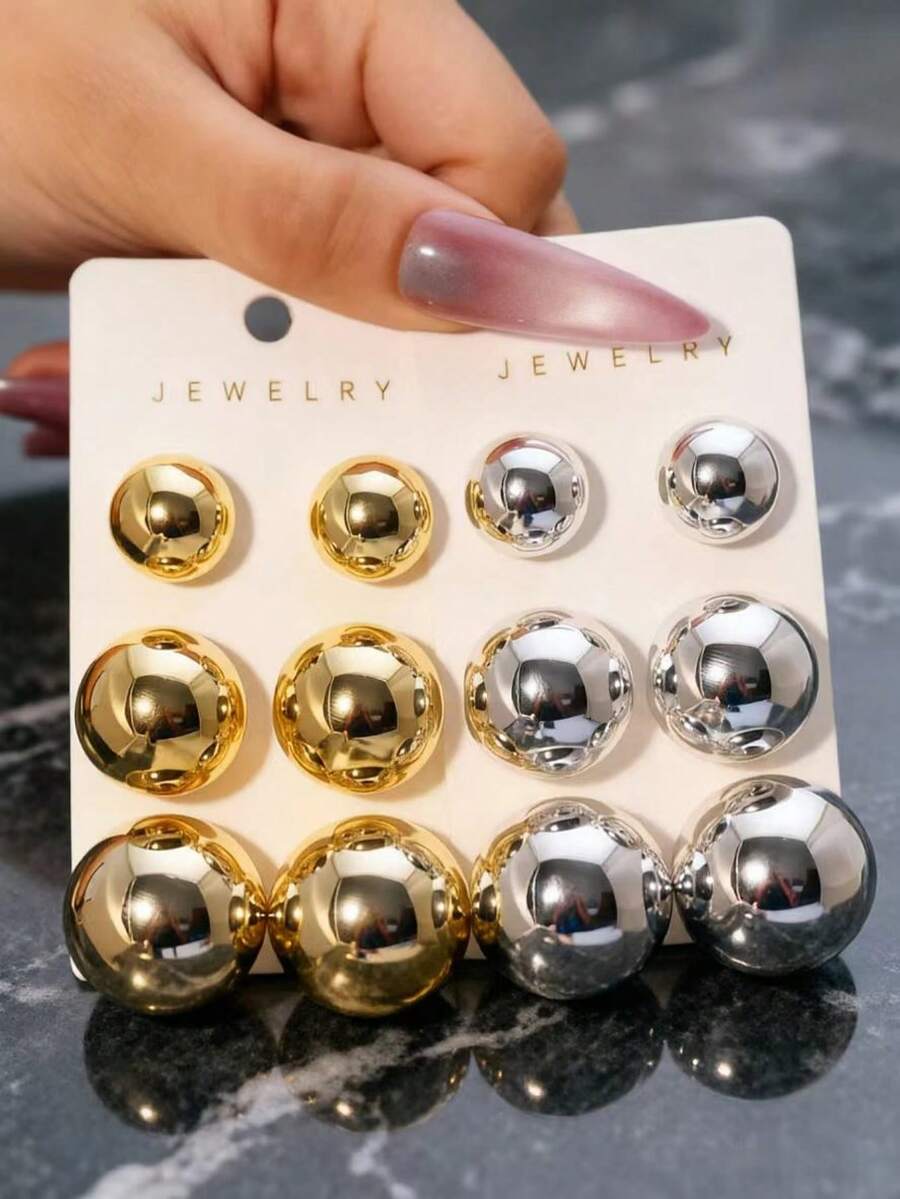 3-6 Pairs Luxury Minimalist Round Stud Earrings Set - High-Polish Metallic Dome Design, Nickel-Free & Skin-Friendly, Ideal For Gifts, Weddings, Or Casual Outfits - Gold + Silver - View 1