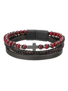 1pc Retro Cross Decor Men's Layered Beaded & PU Leather Bracelet, Natural Stone Beaded Magnetic Clasp Bracelet For Daily Wear & Gift - Multicolor - View 11