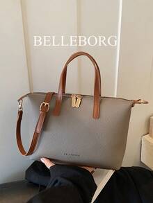 Bolso de mano grande, ligero y minimalista con textura de lichi para mujer - Gris - Ver 2