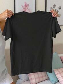 Suave Vaso de vino con estampado de langosta y patrón de lima, estilo retro de vacaciones Camiseta casual de talla grande con estampado, blusas para mujer elegante - Negro - Ver 2