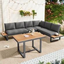 Garten-Essgruppe,Gartenmöbel-Set, Eckstellung, mit verstellbarer Neigefunktion (5-stufig, bis 55°), verzinktes Stahlrohr, Tischplatte Kunststoff-Holz, mit Esstisch, grau + schwarz - Noir et gris - Voir 3