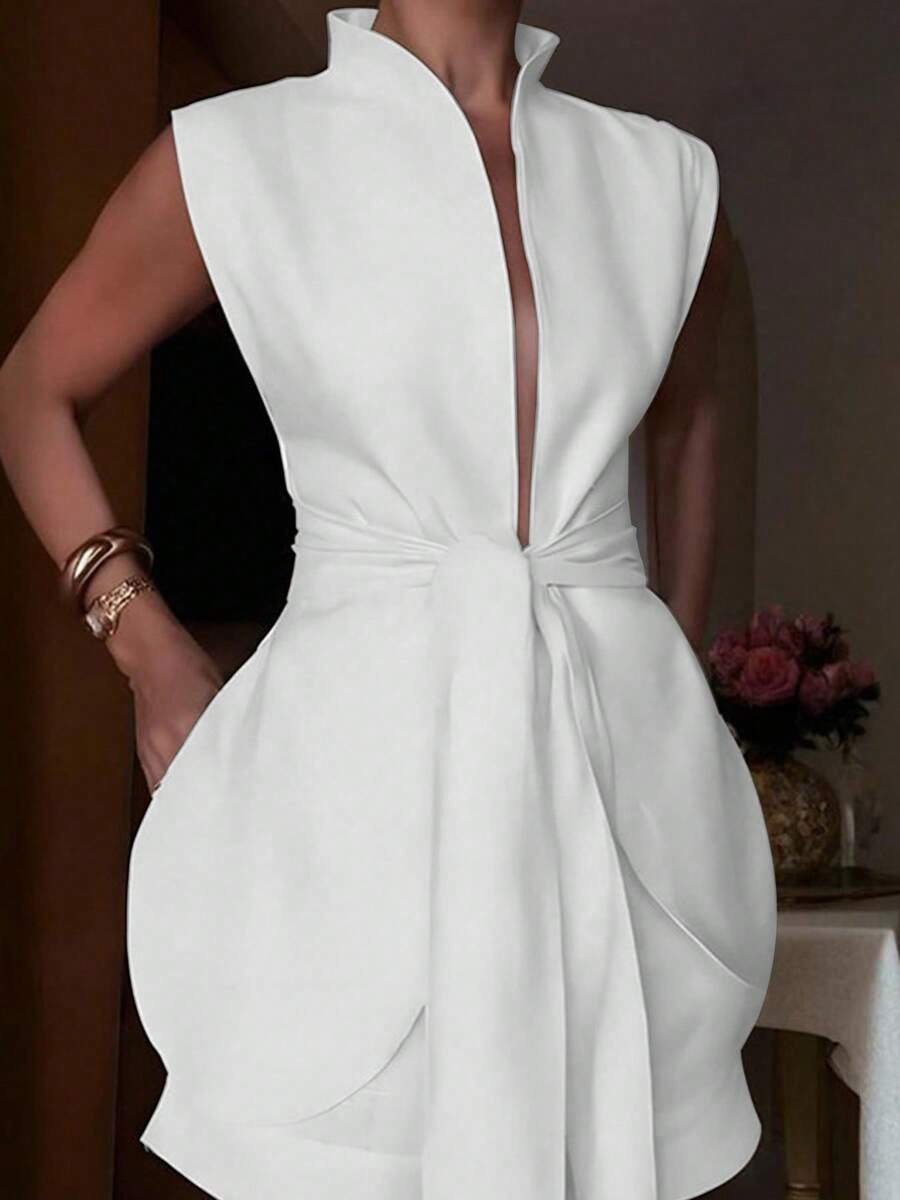 1 Set Solid Color Casual Elegant Knotted Women's 2-Piece Set, Formal Evening, Beach, Spring/Summer White - White - View 1