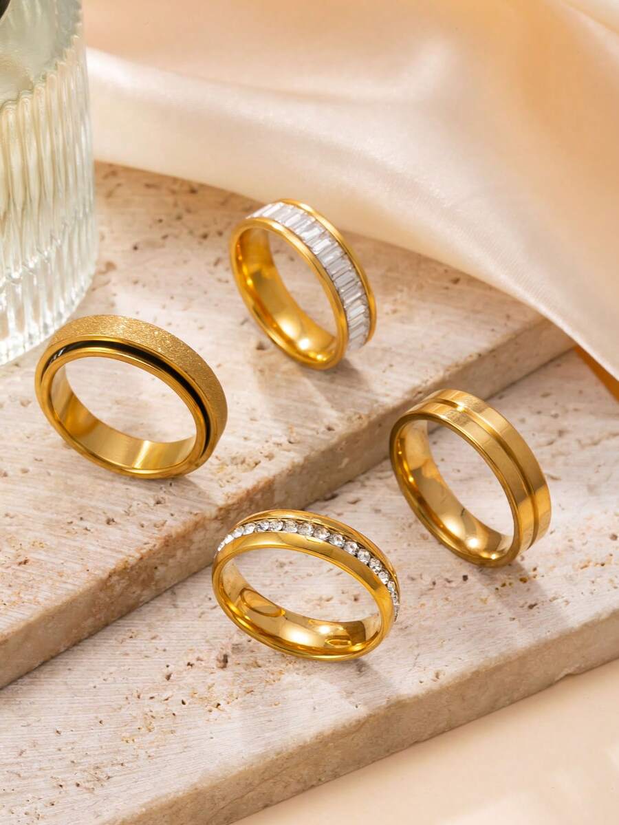 4pcs Classic Luxury Gold Stainless Steel Ring Set, Square/Round Diamond / Matte Rotating Design, Women Stackable Promise Rings, Suitable For Wedding Season & Anniversary - Gold - View 1