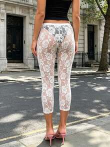 Women's Summer Leggings, Plain Color, Floral Lace, Sheer, Long, With Elastic Waistband, High-Waisted Pants, Vintage Slim Fit, Wild And Modern Style. - 白色 - 查看 5