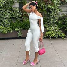 Women's Two Piece Set, One Shoulder Sleeveless Draped Top Leggings Elegant Party Going Out Outfit - 白色 - 查看 5