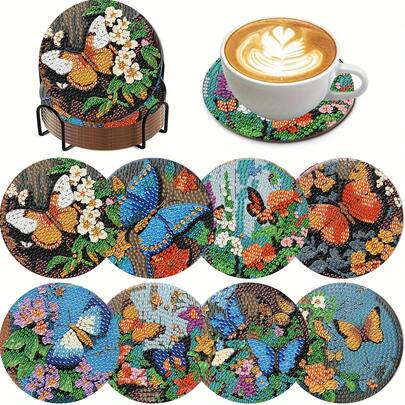 Bộ 8 đế lót ly tranh đính đá - Thiết kế hình bướm, bề mặt kim cương tròn và sáng bóng, keo dán chắc chắn, bộ dụng cụ đầy đủ, dễ dàng cho người mới bắt đầu, đồ thủ công giúp giảm căng thẳng, quà tặng năm mới, ngày Valentine, Giáng sinh, ngày Nhà giáo, đế lót ly trang trí nhà cửa cho gia đình, bạn bè, bạn gái, giáo viên.