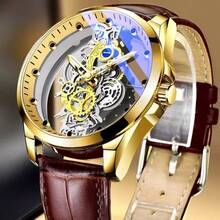 New Hollow Double-Sided Mechanical Business Watch For Men, Waterproof, Fashion Design With Luminous Function - Gold - View 5