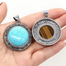 38x42mm Natural Crystal Agate Semi-Precious Stone Round Pendant, Gemstone Inlaid Alloy Abalone Shell Necklace - Water Drop Natural Stone Pendant - View 2