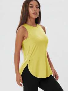 Kaos Tanpa Lengan Longgar Kasual Wanita, Atasan Olahraga Warna Polos dengan Belahan Samping yang Nyaman, Cocok untuk Olahraga Musim Semi/Panas - Butter Yellow - View 3