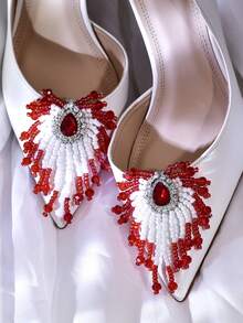 1 pieza Elegante clip para zapatos de mujer plateado, clip para zapatos de lujo con rhinestones, para tacones altos, zapatos de boda, accesorio de zapato desmontable, decoración de zapatos DIY, ornamento de zapato para fiesta de boda, cita nocturna - Rojo - Ver 3