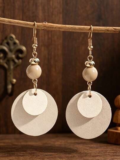 1 Pair Minimalist Round Disc & Bead Layered PU Leather Dangle Earrings, Korean Versatile Elegant Earrings