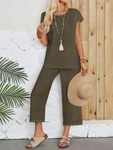 Conjunto Dos Piezas Mujer Blanco, Blusa Cuello Redondo Mangas Cortas Holgada, Pantalones Largos Anchos Culotte, Tejido De Lino Ligero Fresco Transpirable, Estilo Minimalista Boho Natural Chic Ideal Para Looks Diarios Veraniegos Y Vacaciones - Verde militar - Ver 3