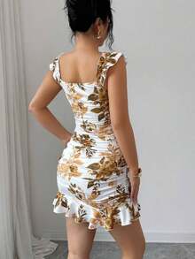 Vestido camisero con volantes en el bajo y hombros descubiertos, estilo vintage con estampado - Vestido entallado de línea A - Multicolor - Ver 2