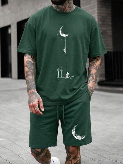 SU ER Men's Printed Round Neck Short Sleeve T-Shirt And Drawstring Shorts Casual Set