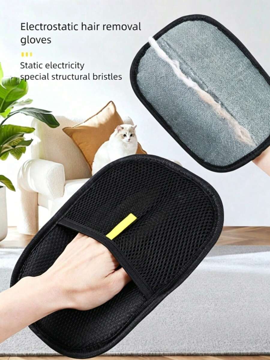1只黑色静电除毛手套 | 猫毛去除器 | 家用清洁工具 | 可去除宠物、沙发、床垫和衣物上的宠物毛发 | 使用方便,轻轻擦拭即可将毛发撕成条状。本产品并非通用型号。 - 黑色 - 查看 1