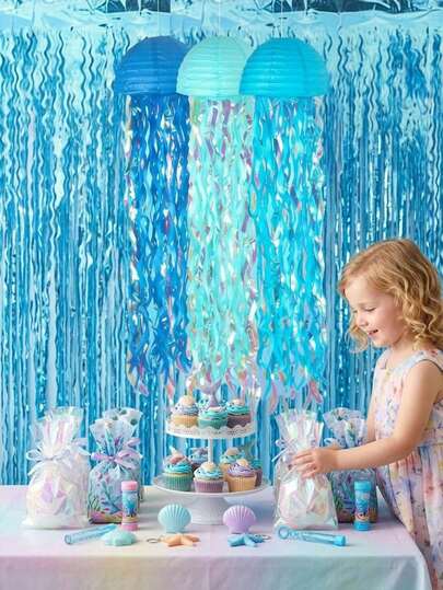 1 set Decoración de fiesta de medusas azul soñadora, suministros de fiesta de papel 3D y lámina bajo el mar, decoración de evento de conchas marinas psicodélicas, prop de celebración con tema de océano Mermaidcore, regalo de fiesta para niñas pequeñas, fondo de hadas lindo para niños, regalo de baby shower y cumpleaños para madres embarazadas y amantes de las sirenas