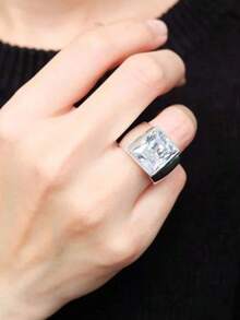 1 pieza Anillo de banda ancha minimalista, incrustado con circonita brillante, disponible en forma ovalada, cuadrada o de corazón, regalo de aniversario, duradero para uso diario, adecuado para fiestas y celebraciones - Anillo - Ver 7