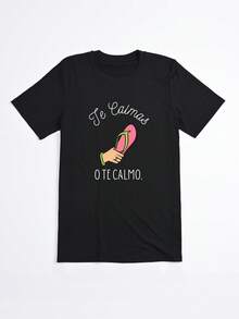 Camiseta Negra con Estampado de Sandalia y Texto Se Calmas O Te Calmo para Mujer Casual - Negro - Ver 2
