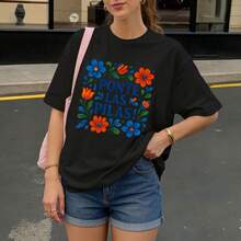 Camiseta Negra con Estampado Floral y Texto Ponte Las Pilas para Ocio Casual - Negro - Ver 3