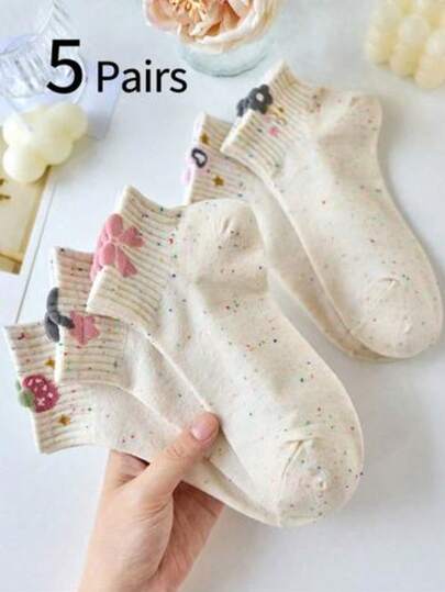 5 Pairs Teenage Mesh Socks, Girls Floral, Strawberry, Bow Low Cut Short Socks, High Elasticity Non-Binding, Suitable For 12-16 Years Old Students, All Seasons