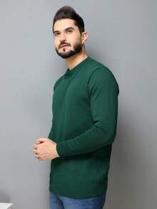 Men's Plain Wool Knit Sweater With Round Neck And Long Sleeves For Winter - 墨綠色 - 查看 6