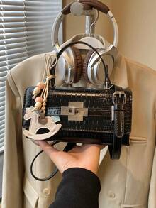 Fashionable Crocodile Embossed Small Square Bag, New Luxury Feeling Shoulder Crossbody Handbag, Commuting Tote - Black - View 6