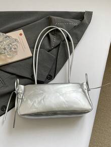 1个复古大容量手提包,通勤超大腋下包,时尚摩托车手提包,PU纯色油蜡皮革,带肩带装饰,拉链封口,女士单肩包,适合工作、大学生背包、短途旅行、度假、购物、商务等场合,日常使用皆宜。 - 銀色 - 查看 8