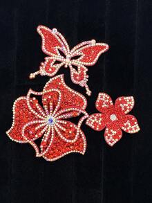3件套红色水钻蝴蝶DIY手工缝纫装饰水钻花朵，适用于服装、鞋子、包包 - 一套3個紅色水鑽花蝴蝶 - 查看 3