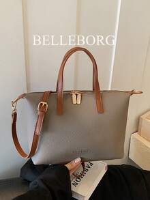 Bolso de mano grande, ligero y minimalista con textura de lichi para mujer - Gris - Ver 3