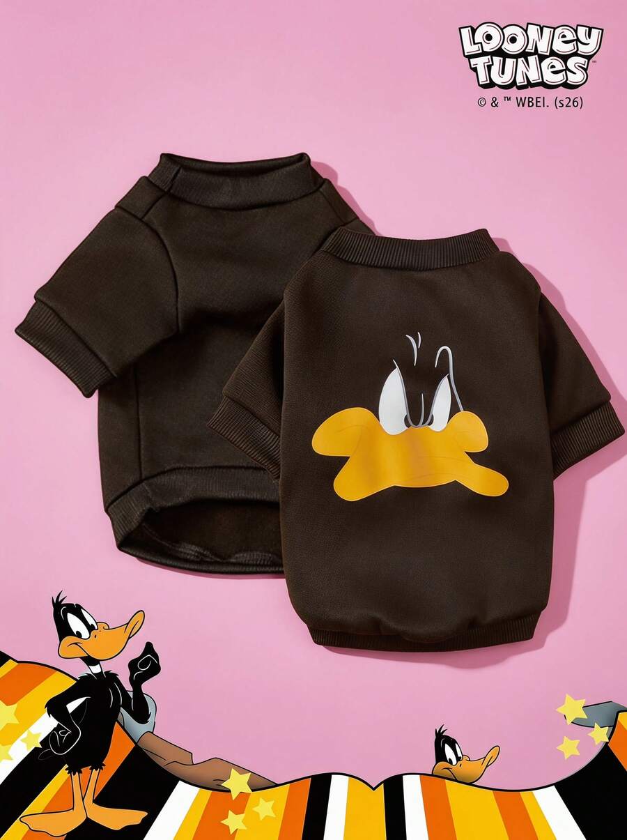 LOONEY TUNES X PETSIN 1件黑色小鸭脸印花宠物无帽衫，黑色秋冬加厚保暖宠物服装 - 黑色 - 查看 1