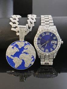 Bộ dây chuyền và đồng hồ Hip Hop Blue Drip Oil Earth, mặt dây chuyền đính đá toàn bộ, dây xích Cuban, phong cách đường phố dành cho rapper, quà tặng dự tiệc, quà sinh nhật cho bạn bè và gia đình. - Màu xanh lam - Xem 8