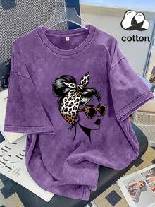 Women's Summer Washed Loose Fit Casual Short Sleeve T-Shirt With Leopard Print Headband + Fashion Glasses Graphic Print, For Daily Outings/Home/Giftin - 紫色 - 查看 2