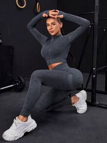 Seamless Zip-Up Tracksuit With Thumb Holes - Dark Gray - View 2
