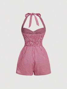 MOD Mono con escote halter y lazo con estampado de cuadros para mujer - Rojo y blanco - Ver 2