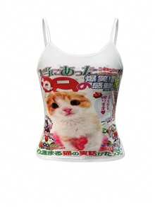 Áo hai dây nữ in hình mèo dễ thương, chất liệu polyester, co giãn tốt, dáng lửng, thích hợp mặc thường ngày. - trắng - Xem 3