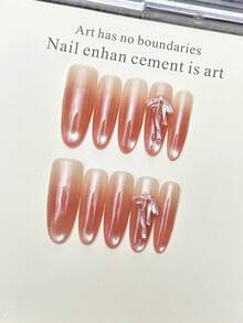 10 móng tay giả thủ công hình oval, móng acrylic dài, màu hồng nhạt, kiểu mắt mèo nổi bật, đính nơ 3D, kiểu móng mùa xuân thanh lịch cá tính, móng giả mùa hè, thích hợp cho tiệc tùng, hẹn hò, đi biển, nghỉ dưỡng nhiệt đới, tự làm móng giả nghệ thuật, thích hợp làm quà tặng cho phụ nữ và bé gái. - Hồng - Xem 11