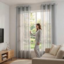 1 pieza Cortina de voile de encaje gris claro de estilo europeo de alta gama, iluminación suave, protege la privacidad para la sala de estar y el dormitorio, con ojales en la parte superior - Gris Claro - Ver 3
