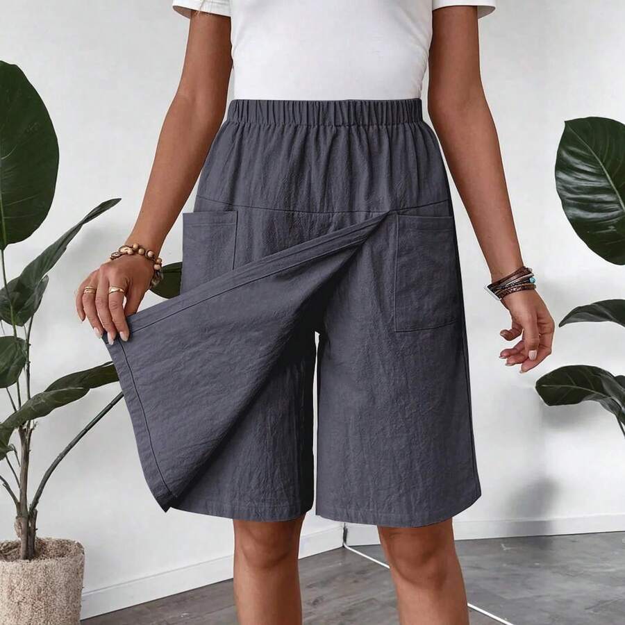Nueva moda para mujer, pantalones cortos informales con bolsillo y cintura elástica de Color sólido, culottes ligeros y acogedores para verano - Gris - Ver 1