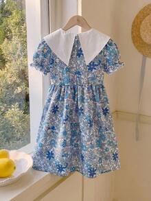 Girls' Summer Sweet Fresh Dress With Delicate Ditsy Floral And Rabbit Print, Puff Sleeves, Casual Cute Dress For Outings - Blue - View 5