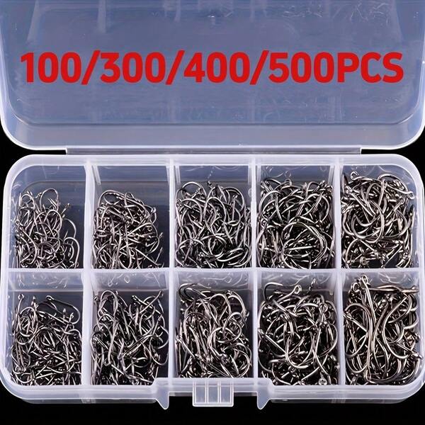 Bộ 100/200/300/400/500 lưỡi câu cá bằng thép carbon sắc bén, lưỡi câu tròn một ngạnh, nhiều kích cỡ từ 3-12, phụ kiện câu cá bền bỉ, màu đen.