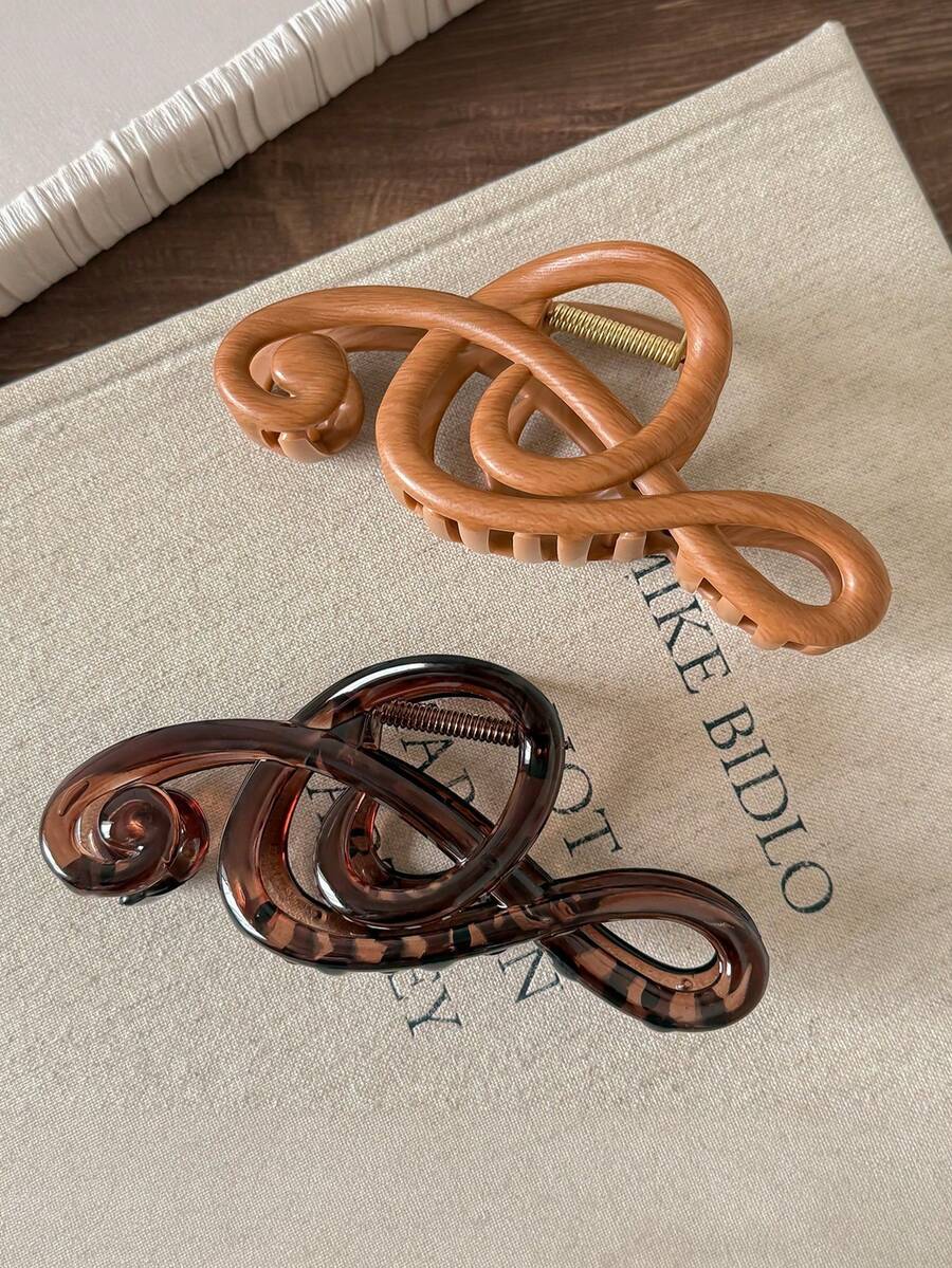 2pcs 5.12 Inch Gray Woodgrain Music Note Hair Clips, Fashion Hair Claw Barrettes, Elegant Minimalist Design, Suitable For Daily, Casual, Party, Beach, Vacation, Hairstyling, Washing, Makeup, Outfit Accessories, Spring, Summer, Autumn, Winter Summer Beach Claw Clips - Multicolor - View 1