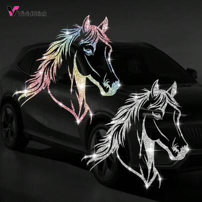 Sparkling Horse Head Car Stickers - Essential For People, Easy To Stick Car Body Decoration Without Leaving Adhesive, Creative Car Horse Elements Stickers, Door Body Decoration Stickers, Car Contemporary Art Stickers