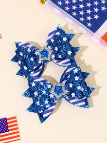 2pcs 4th Of July Blue Glitter Hair Bows For Girls Star Printed Bow Alligator Clips White Blue Striped Bow Hair Clips Delicate Independent Day Barrettes Patriotic Apparel Hairpins America 250th Anniversary Cute Headwear Teens Hair Accessories - Multicolor - View 1