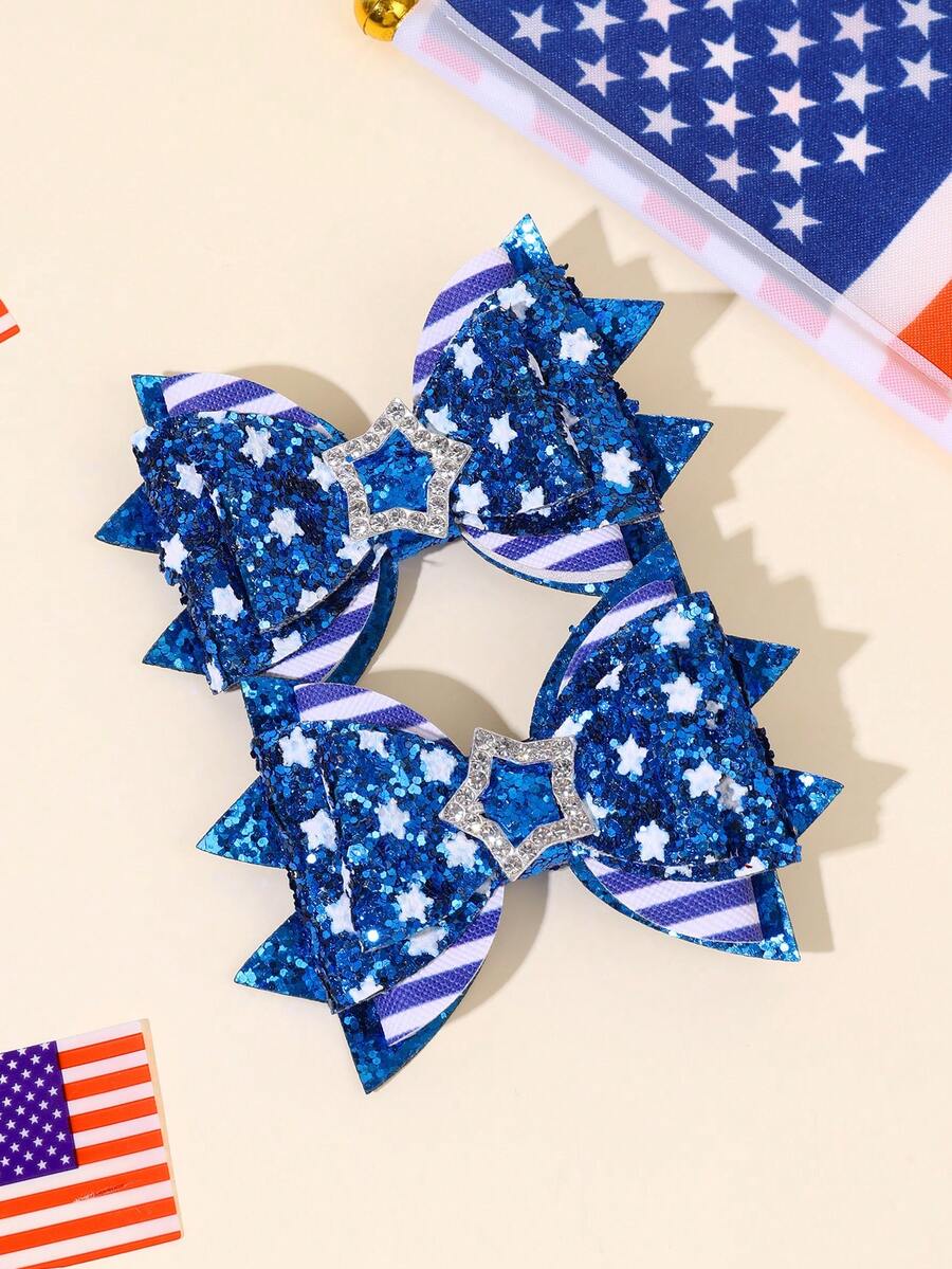 2pcs 4th Of July Blue Glitter Hair Bows For Girls Star Printed Bow Alligator Clips White Blue Striped Bow Hair Clips Delicate Independent Day Barrettes Patriotic Apparel Hairpins America 250th Anniversary Cute Headwear Teens Hair Accessories - Multicolor - View 1