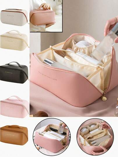 1 Túi đựng mỹ phẩm đa năng bằng da PU, túi du lịch hai lớp, túi đựng đồ vệ sinh cá nhân dung tích lớn, túi đựng đồ du lịch chống thấm nước, thích hợp đựng son môi, cọ trang điểm, bảng phấn mắt, kem dưỡng da, khăn giấy, mặt nạ, bảo quản và sắp xếp mỹ phẩm, món quà tuyệt vời cho mẹ, sinh nhật, phù dâu, tốt nghiệp, kỷ niệm.