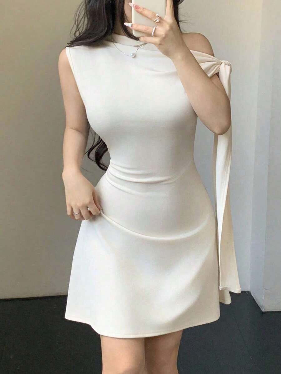 Vestido minimalista para mujer con estampado floral de tinta, hombro asimétrico con lazo, cintura ajustada - Beis - Ver 1
